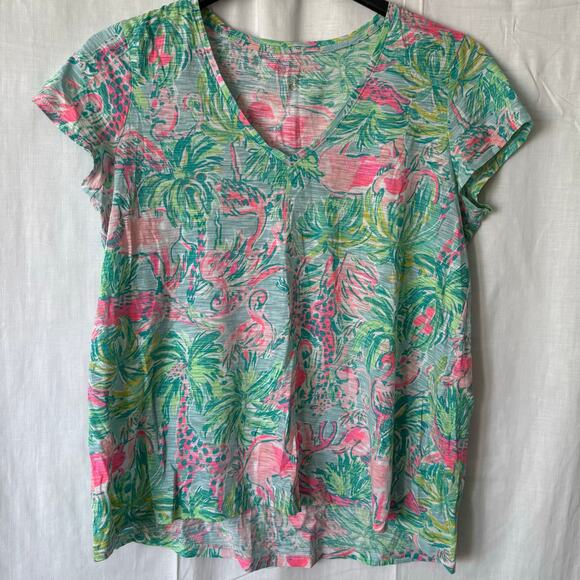 Lilly Pulitzer Women’s Small Pink Elephant Flamingo Alligator Giraffe Safari Top - Picture 1 of 8